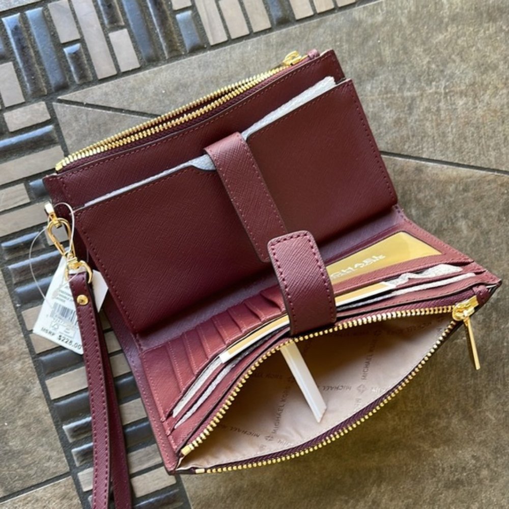 Michael Kors Jet Set Travel Large Double Zip Wristlet Wallet Dark Cherry Leather - Picture 8 of 16